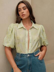 Anewsta 大码女式撞色花卉刺绣优雅浪漫泡泡袖衬衫上衣 - 綠色 - 查看 1