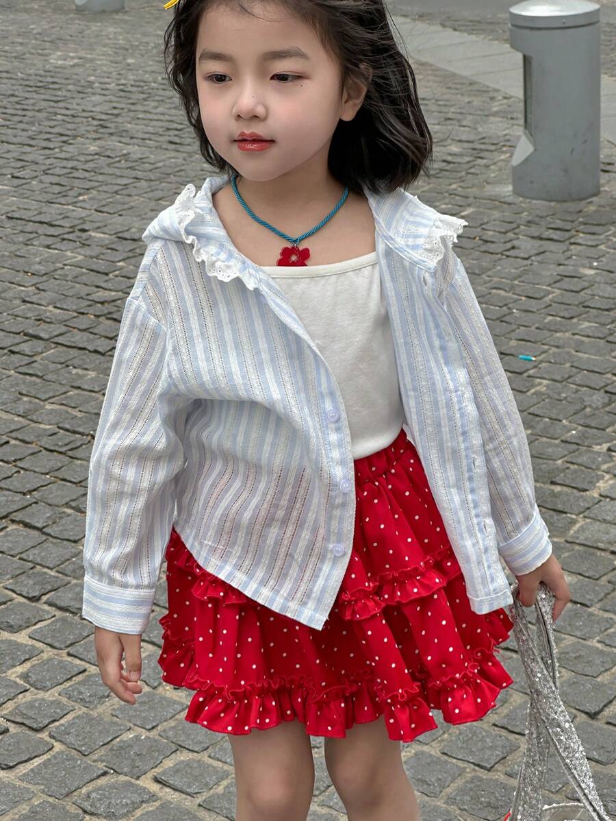 DAZY 女童（幼童）夏季条纹蕾丝拼布休闲连帽长袖衬衫 - 淺藍色 - 查看 1