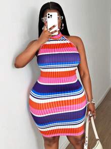 Maweii 大码紧身连衣裙，彩色条纹时尚新款 - 彩色 - 查看 7