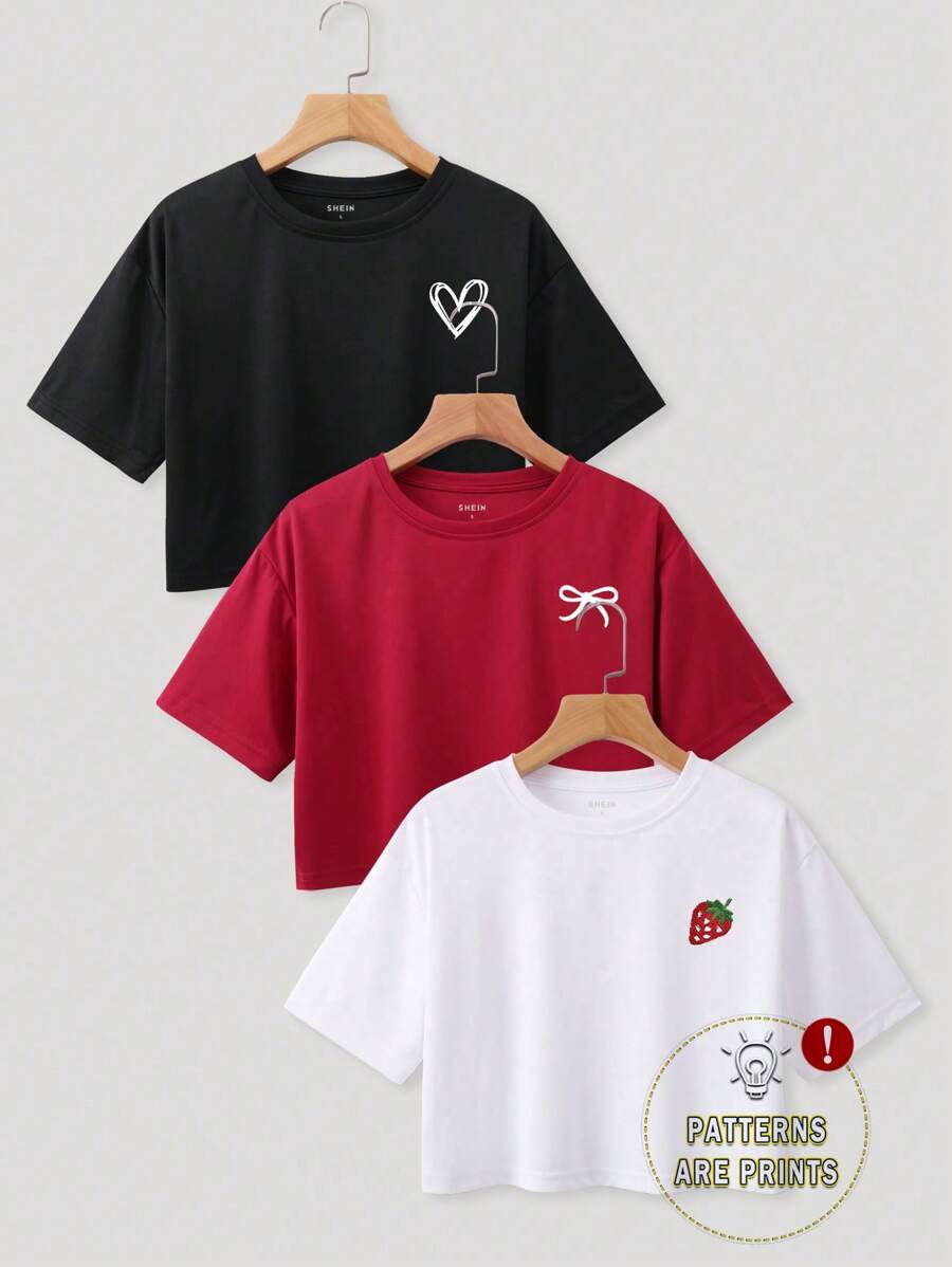INAWLY Set de 3 camisetas de mujer de manga corta con cuello redondo y estampado gráfico de corazón, lazo y fresa, para verano - Multicolor - Ver 1