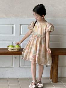 DAZY Young Girls Round Neck Full Print Puffy Sleeve Party Mid-Length Dress,Girls Summer Outfits - Yellow - View 5