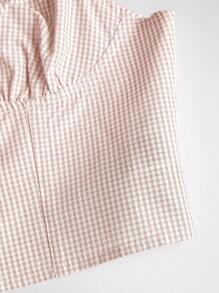 Sweetra Checkered Square Collar Button Front Frill Trim Bowknot Short Sleeve Women Blouse, Spring/Summer/Autumn - Baby Pink - View 5