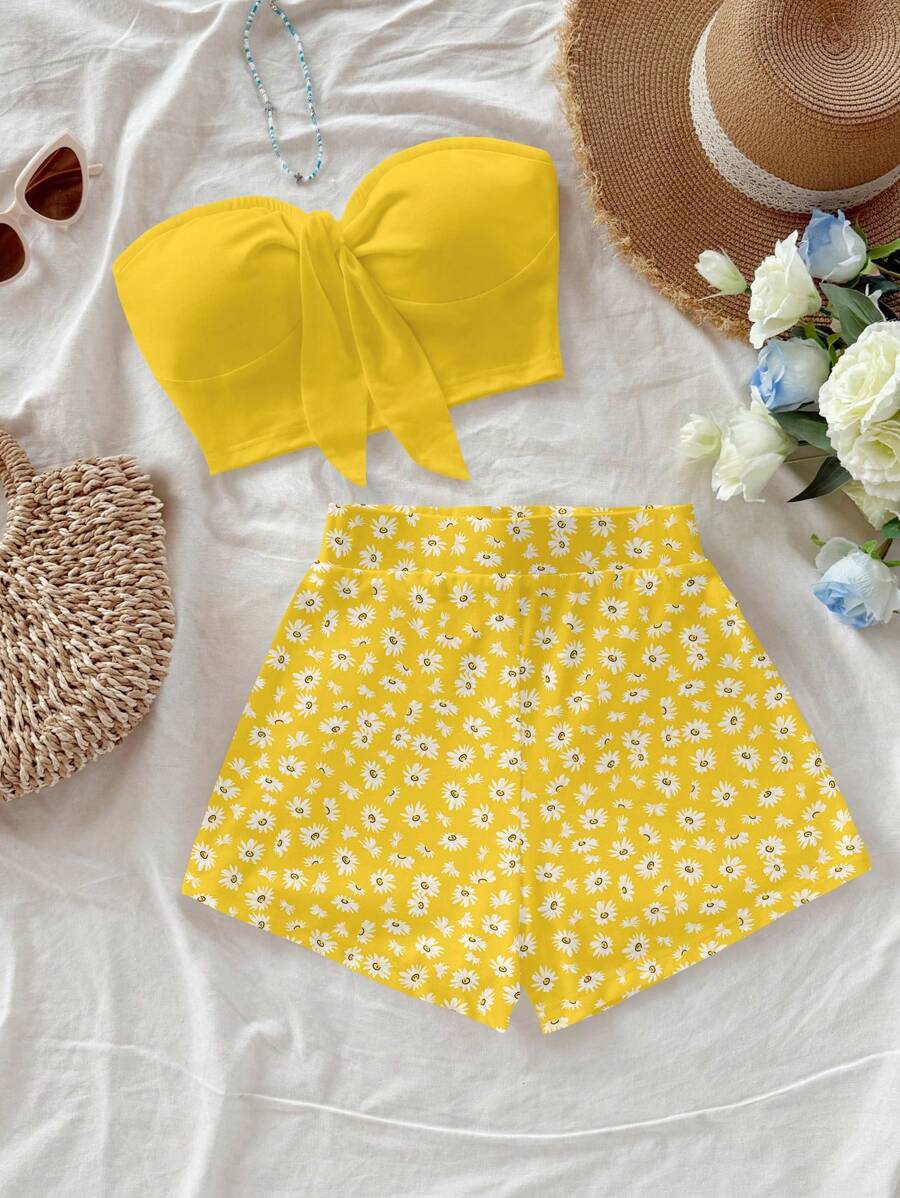 Soleia Women's Casual Tie Front Cropped Bustier Top And Fitted Mini Shorts Set, Suitable For Summer, Vacation, Ditsy Floral, Suitable For Afternoon Tea,Holiday Outfits,Summer Outfits,Butter Yellow,Daisy - Multicolor - View 1