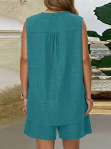 EMERY ROSE Plus Size 2 Pieces Set Solid Color Sleeveless V-Neck Top And ShortsSummer Outfits For Women - Teal Blue - View 2