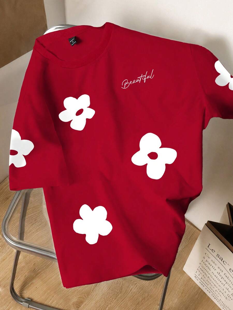 Manfinity Joysei Áo thun nam họa tiết hoa và chữ thường ngày, mùa hè - Đỏ - Xem 1