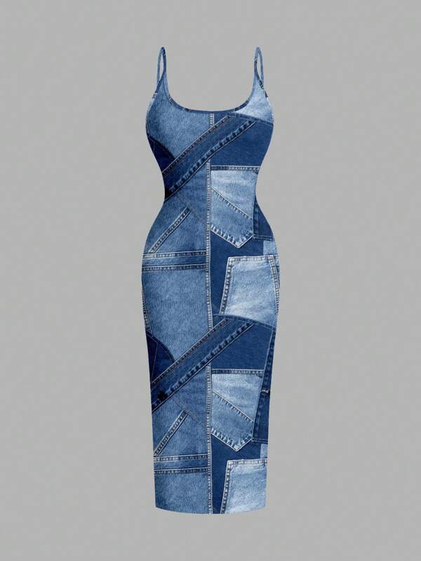 SHEIN EZwear Casual Minimalist Bodycon Camisole Midi Dress, Suitable For Summer, Blue Color Block, Faux Fabric Texture Print,Springbreak,Coconutgirl,Girl Trip,Music Festivel,Dresses For Women Summer
