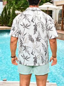 Manfinity VDAYZ 加大码男士热带植物印花度假衬衫和短裤沙滩套装，夏威夷风情，男士巴哈马装，男士度假装，男士度假装，男士沙滩装套装 - 薄荷綠 - 查看 2