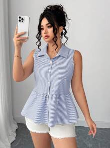 Elenzga 大码夏季时尚休闲法式复古优雅蝴蝶结衬衫 - 藍色 - 查看 4