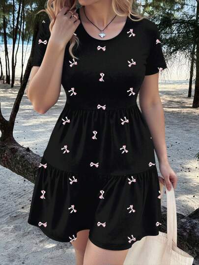 Veykashi Robe ample d'été à large taille, avec nœud papillon, style de fête de plage, manches courtes, pour le printemps et l'été, parfaite pour les festivals de musique