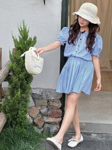 DAZY Ropa de otoño para niños: Conjunto de 2 piezas de blusa de manga corta con cuello con volantes y moño + falda plisada para niñas, conjunto elegante y casual para el regreso a la escuela