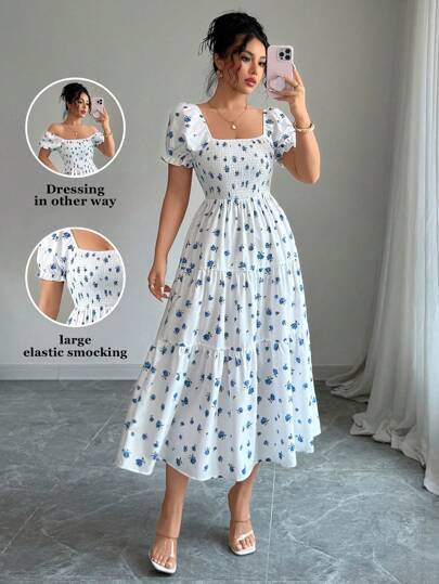 Elenzga Square Neck Waist Cinched Ditsy Floral Elegant Short Dress For Women