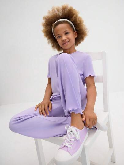 Leap Crew Leap Crew Tween Girls Matching Casual Crew Neck Short Sleeve Ruffle Hem Solid Color T-Shirt And Pants 2 Pieces Set