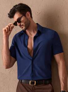 HIMLAND Men Solid Button Front Blue Shirt Without Tee