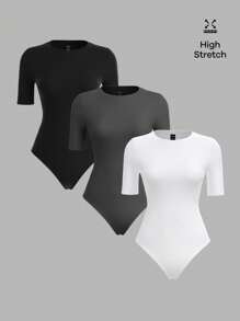SHEIN BASICS 3件組休閒素色針織圓領短袖貼身連身衣 女款夏季服飾 - 灰色 - 查看 4