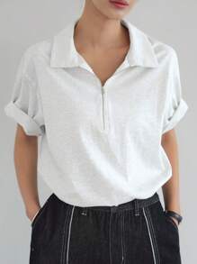 Dazy-Less Women's Simple Casual Open Front Collar Loose Short Sleeve T-Shirt,Business Casual Women,Teacher Outfits - Light Grey - View 7