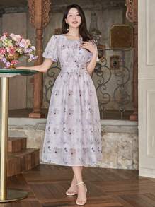 DAZY 1 件女士花卉印花褶皱泡泡袖中长连衣裙 - 粉色 - 查看 4