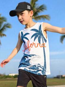 SHEIN 1pc Tween Boy Sleeveless Crew Neck Top, Vacation Theme Palm Tree & Wave Pattern, Casual Summer Top - White - View 3
