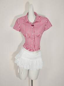 Sweetina 女士休闲收腰格子衬衫 - 紅白色 - 查看 3
