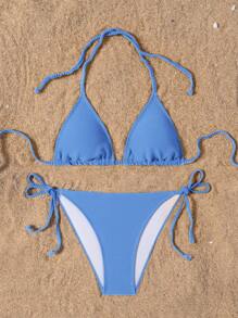 Swim Basics 1件套女士夏季纯色挂脖比基尼泳装套装 - 藍色 - 查看 4