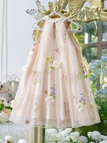 SHEIN Elladie kids 可爱梦幻的年轻女孩连衣裙 3D 花卉网眼蓝色挂脖派对连衣裙，优雅独特，适合派对、郊游和日常生活 - 杏色 - 查看 2
