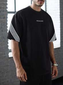 Manfinity VCAY 2pcs Men's Knit Casual Elastic Waist Loose Fit Short Sleeve T-Shirt And Straight Leg Shorts Set Summer Outfit - Black - View 4