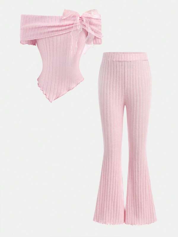 SHEIN Tween Girl Casual Off-Shoulder Asymmetric Hem Bow Decor Flare Pants 2pcs Set