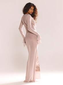 MUSERA Extreme Frill Plunge Front Ruffle Sleeves Tropical Printed Fitted Maxi Dress Spring Summer Vacation Elegant Wedding Guest Graduation Formal Holiday Prom Birthday Beach Ibiza Wedding Guest Elegant Date Night Fall Winter - Beige - View 2