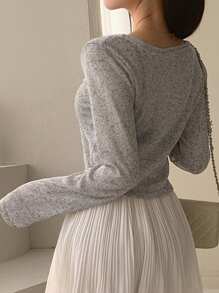 DAZY Women Grey See-Through Long Sleeve Cardigan Blouse - Grey - View 5