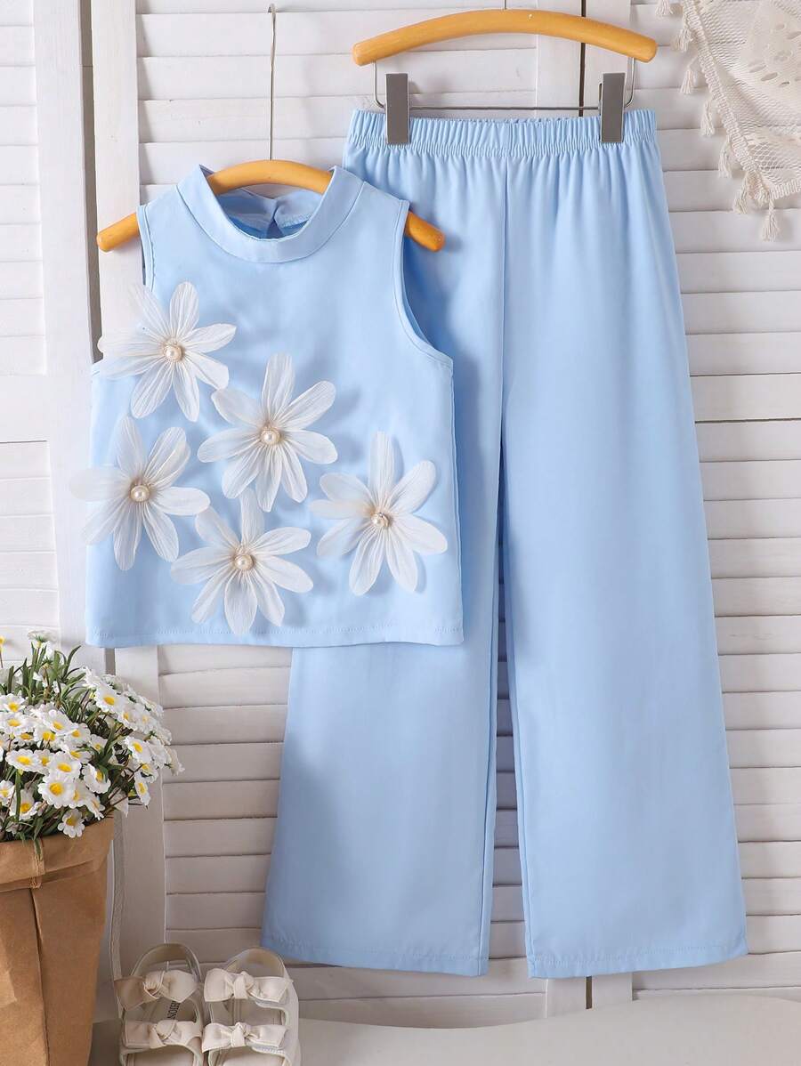 Elladie kids 2 件女童无袖碎花亮黄色上衣和宽松阔腿裤时尚春夏装