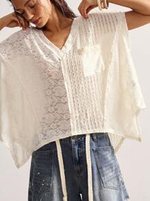 Bohemela Áo thun rộng tay ngắn cổ chữ V họa tiết chắp vá viền bất đối xứng cho nữ - Màu be - Xem 5