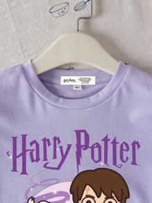 HARRY POTTER X SHEIN Tween Girl Casual Cartoon & Letter Graphic Short Sleeve T-Shirt, Suitable For Summer