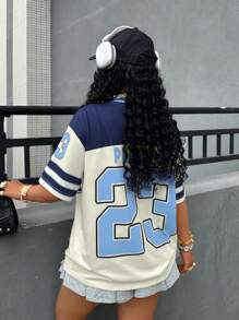 Rovax Plus Size V-Neck Striped & Letter Print Short Sleeve T-Shirt, Summer