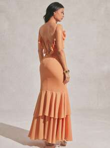 Hauture Women's Solid Color Ruffle Layered Front Slid Adjustable Shoulder Strap Summer Dress For Vacation, Summer, Beach Style - Orange - View 5