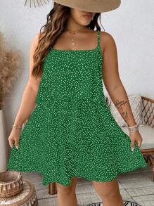 SHEIN Clasi Plus Size Polka Dot Layered Slip Dress,Green,Summer,Boho,Vacation,Holiday Outfits For Women,St. Patrick's Day Rave,Festival Spring Break,St. Patrick - Dark Green - View 1