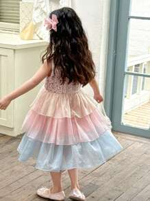 DAZY Vestido de fiesta de cumpleaños de cuello redondo con volantes de tul grueso para niñas (pequeño), de verano