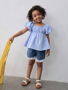 Maija Kids Maija Kids 少女花朵装饰花瓣袖圆领衬衫 - 藍色 - 查看 5