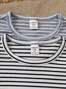 SHEIN 2pcs/Set Young Girls Elastic Striped Short Sleeve T-Shirt & Bell-Bottom Pants Outfit, Summer - Multicolor - View 4