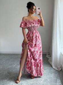Selianne 全新女式露肩荷叶边袖波西米亚风格复古花卉印花抽绳腰日常休闲度假派对修身连衣裙 - 紅色 - 查看 3