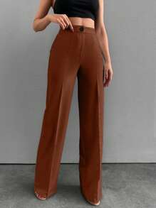 EURMUSE High Waist Straight Leg Solid Color Casual/Office Pants - Brown - View 6