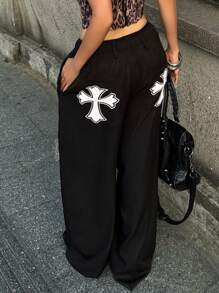 Coolane Pantalones anchos de cargo de tiro medio con bolsillos grandes, de estilo vintage Y2K fresco de ropa urbana para mujer, de color negro - Negro - Ver 2