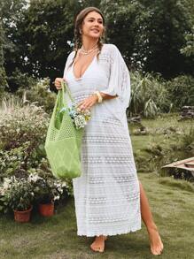 Swim Vcay 大码女式纯色蕾丝套头长款罩衫