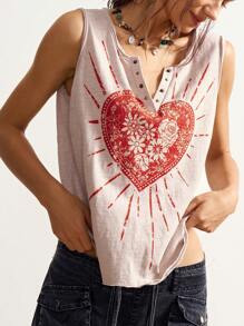 Bohemela 波西米亚风格度假休闲心形印花针织修身背心 - 杏色 - 查看 2