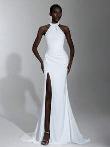 Elitara Elegant White Satin Shiny Elastic Minimalist Luxurious Halter Fishtail High Slit Backless Removable Rhinestone Chain Extra Long Trailing Dress, Suitable For Outdoor, Lawn, Beach, Wedding, Evening Party, Formal Occasion, Bride - White - View 3