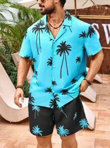 Surfspeed 加大码男士棕榈树印花衬衫和短裤沙滩套装，夏威夷风 - 薄荷藍 - 查看 3