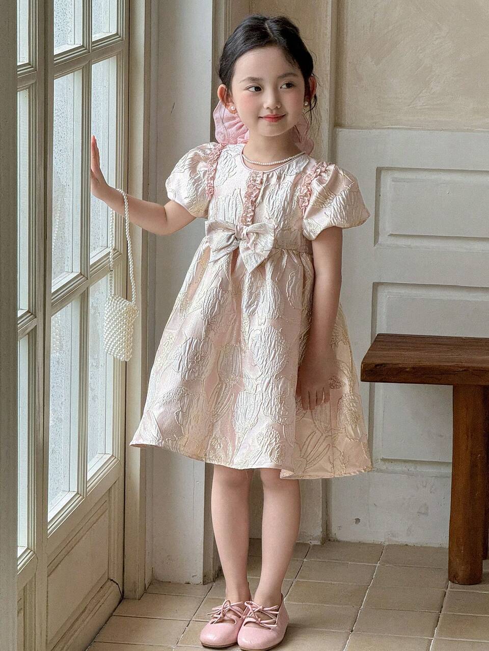 Young Girls (Little) Floral Round Neck Puff Sleeve Cute Party Performance Birthday Dress,Girls Summer Outfits