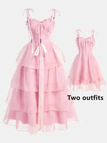 Vestido de 2 en 1 para adolescentes para la temporada de Eid/Boda, vestido corto lindo con decoración de lazo de encaje y tul sin mangas, con vestido largo con volantes desmontable, estilo elegante - Rosa - Ver 1