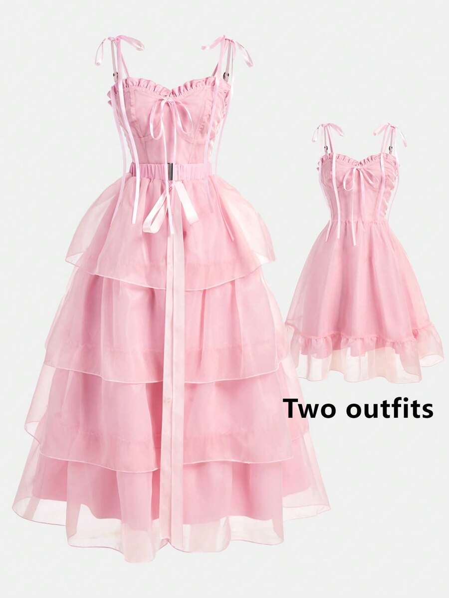 Vestido de 2 en 1 para adolescentes para la temporada de Eid/Boda, vestido corto lindo con decoración de lazo de encaje y tul sin mangas, con vestido largo con volantes desmontable, estilo elegante - Rosa - Ver 1