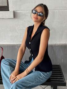SHEIN Clasi 夏季休闲纯色纽扣针织背心 - 黑色 - 查看 4