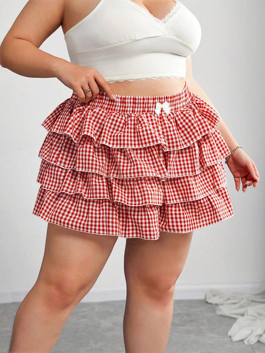 SHEIN CURVE+ 大码休闲低腰格子紧身褶皱女超短裤校服女红白平角短裤简约日常穿搭 - 紅白色 - 查看 1