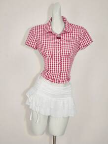 Sweetina 女士休闲收腰格子衬衫 - 紅白色 - 查看 5